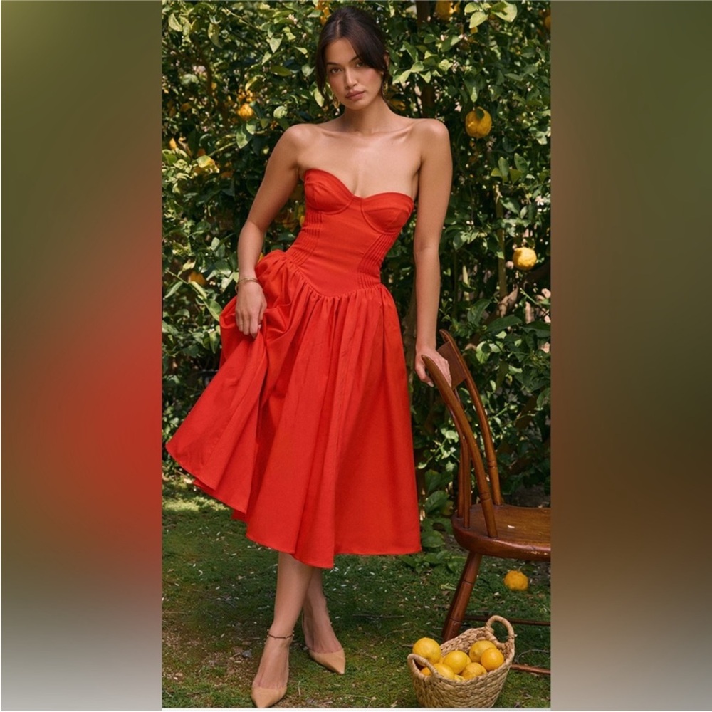 House of CB Red Strapless Midi Dress